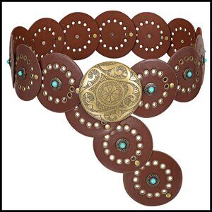 Western PU Leather Belt Concho Buckle Boho Chic Wide Waist Belt Adjustable